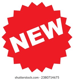 Nueva etiqueta de promoción de pegatinas, color rojo y estilo plano para nuevos productos de tienda. Ilustración vectorial con forma de estrella, diseño de título angled, etiqueta para web, UI, aplicación, móvil. Aislado sobre fondo blanco.