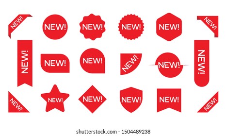 New sticker set. Corner banner, new tag labels and present buttons. Sticker icon with text isolated on white background.