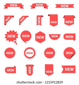 New sticker set labels. Product stickers with offer. New labels or sale posters and banners. Sticker icon with text. Red isolated on white background, vector illustration.