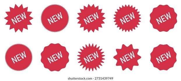 Nuevo conjunto de pegatinas. Conjunto de nuevos iconos de insignias rojas con estallido estelar y Formas adhesivas para la venta de paquetes de Vector de promoción. Colección de sellos de goma de recién llegados con varios diseños.