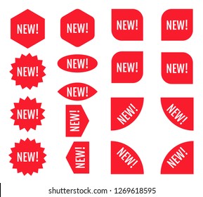 New sticker set. Red promotion labels.  Modern vector flat style illustration isolated on white background. Red promotion labels for new arrivals shop section.