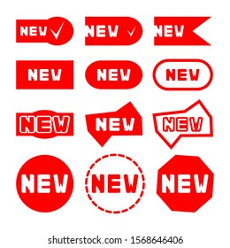 New sticker set. Red promotion labels for new arrivals shop section. Badges with word new. Flat style. Illustration isolated on white background. Vector