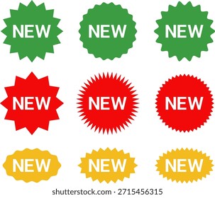 NUEVO conjunto de pegatinas Zigzag Descuento Precio Gota Especial Precio Campaña Feria Decoración Adorno Sello. Conjunto de icono de etiqueta de producto de la tienda de nueva llegada. Nuevas etiquetas o insignias de venta y Anuncios Vector sticker iconos Plantillas