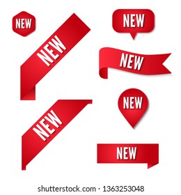 New stickers collection. Set of red vector labels and ribbons