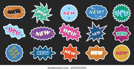 New stickers. Colorful new product labels or new arrival tags with starburst stamp badge frames, stars and sparkles. Marketing attention stickers vector set.