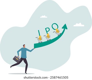 New stock IPO, initial public offering company going public to trade in stock exchange market.business concept.flat character.