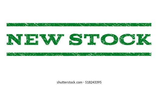 New Stock watermark stamp. Text tag between horizontal parallel lines with grunge design style. Rubber seal stamp with dust texture. Vector green color ink imprint on a white background.