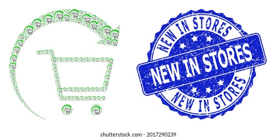 New In Stores Scratched Round Watermark And Vector Recursive Mosaic Repeat Purchase Order. Blue Stamp Contains New In Stores Caption Inside Round Shape.