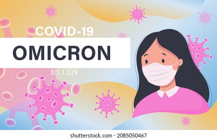 New strain of coronavirus OMICRON. Banner with a girl in a mask and covid viruses around. Omicron virus B.1.1.529. Background with viral cells. Horizontal banner, poster, header for website