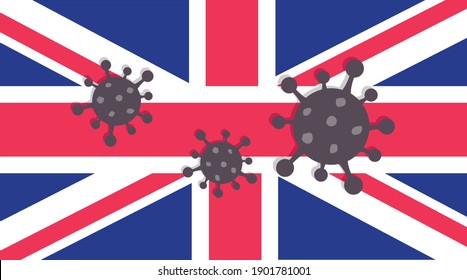 New strain of COVID-19. Flag of United Kingdom with outbreak deadly virus. A large coronavirus bacterium against background of the national flag. Banner warning about the coronavirus epidemic. 