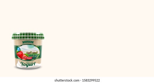 New strawberry Yogurt packaging container  design with rural farm label with trees and cows, vector illustration for farm yogurt product branding or advertising design