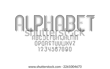 New striped font, black gray alphabet of linear style, capital Latin letters from A to Z and Arab numbers from 0 to 9 for you designs, vector illustration 10EPS