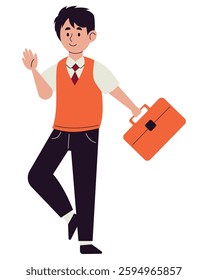 New student with briefcase waving school