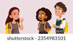 
New Student Waving Hello to her Classmates Vector Cartoon. Happy cheerful schoolgirl being welcome in her new class 

