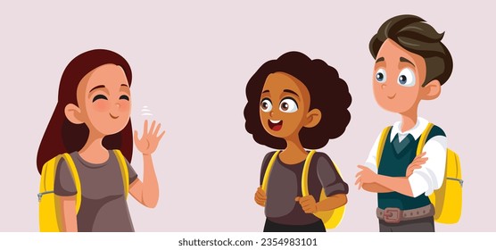 
New Student Waving Hello to her Classmates Vector Cartoon. Happy cheerful schoolgirl being welcome in her new class 
