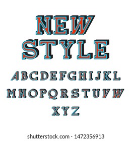 New style isometric font vector illustration. Set of unique decorative blue red 3D type serif, capital calligraphic alphabet letters isolated on white background. Latin type modern or retro design