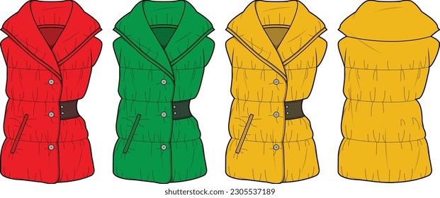 New style Sleeveless puffer Jacket front   back flat sketch technical drawing vector illustration template