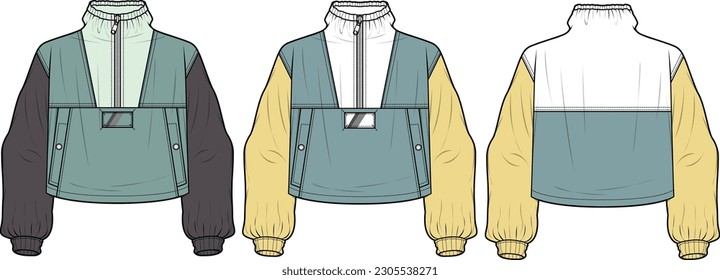 New style trendy Womens Sweatshirt front and back flat sketch technical drawing vector illustration template