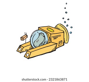 New submarine ready to dive in sea cartoonish drawing illustration with outline and colors. Modern hand drawn underwater nautical transportation vehicle for deep ocean activity and exploring earth.