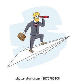 New Successful Project, Business Vision, Creative Innovation, Startup. Business Man Character with Briefcase and Spyglass Flying on Paper Airplane, Aim Achievement. Linear People Vector Illustration