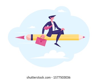 New Successful Project, Creative Business Innovation Startup. Business Man Character with Briefcase in Hand Flying on Huge Pen like on Rocket. Job Aim Achievement. Cartoon Flat Vector Illustration