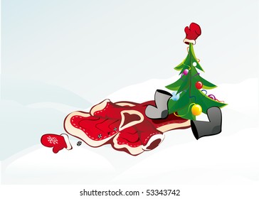 New suit a snowdrift under the tree. Postcard for Christmas. Vector.