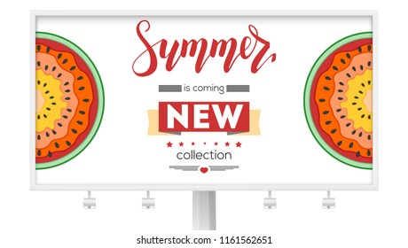 New summer collection. Billboard with half past of watermelons. New arrival of goods. Summer offer for shopping. Watermelon cut out from paper, multilayer vector illustration