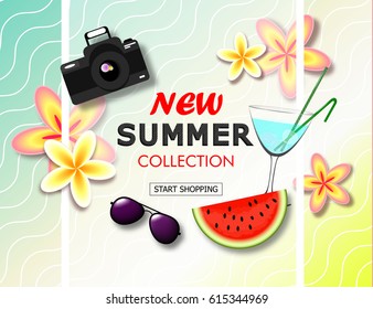 New summer collection sale banner. Exotic tropical background with place for text, flowers, sunglasses, watermelon, camera and summer cocktail