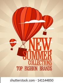 New summer collections vector poster design template with balloons carrying shopping bags