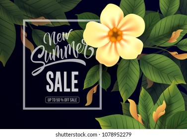 New summer sale Up to fifty percent off lettering. Black background with beautiful flower and leaves. Handwritten text, calligraphy. Can be used for greeting cards, posters and leaflets