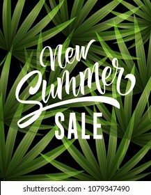 New summer sale lettering with tropical leaves. Summer offer or sale advertising design. Handwritten and typed text, calligraphy. For leaflet, brochure, invitation, poster or banner.