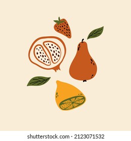 new summer set of vector images of vegetables and fruits, tropical fruits, summer food, healthy food, vitamins and fruit juice, banana and mango, lemon and passion fruit, modern simple style