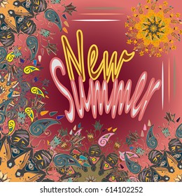 New summer - zentangle inspired art vintage card design with doodle in bright colors