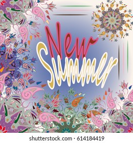New summer - zentangle inspired art vintage card design with doodle in bright colors