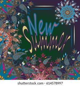New summer - zentangle inspired art vintage card design with doodle in bright colors