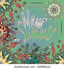 New summer - zentangle inspired art vintage card design with doodle in bright colors