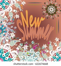 New summer - zentangle inspired art vintage card design with doodle in bright colors