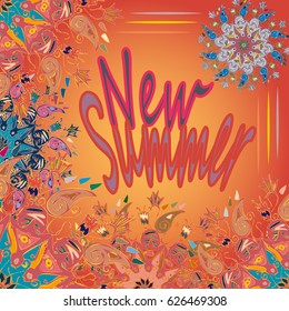New summer - zentangle inspired art vintage card design with doodle in bright colors