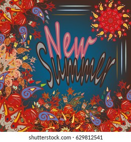 New summer - zentangle inspired art vintage card design with doodle in bright colors