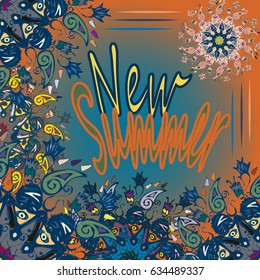 New summer - zentangle inspired art vintage card design with doodle in bright colors