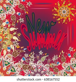 New summer - zentangle inspired art vintage card design with doodle in bright colors