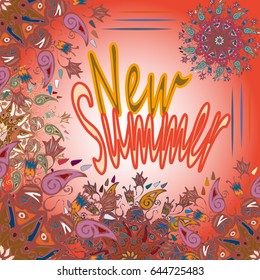 New summer - zentangle inspired art vintage card design with doodle in bright colors