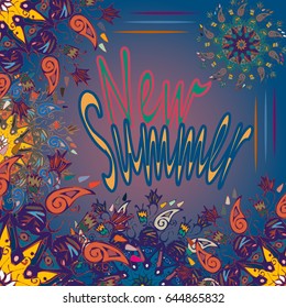 New summer - zentangle inspired art vintage card design with doodle in bright colors