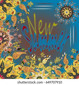 New summer - zentangle inspired art vintage card design with doodle in bright colors