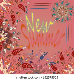 New summer - zentangle inspired art vintage card design with doodle in bright colors
