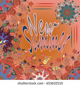 New summer - zentangle inspired art vintage card design with doodle in bright colors