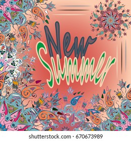 New summer - zentangle inspired art vintage card design with doodle in bright colors