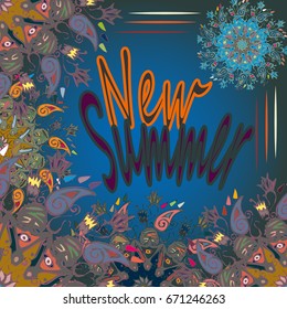 New summer - zentangle inspired art vintage card design with doodle in bright colors