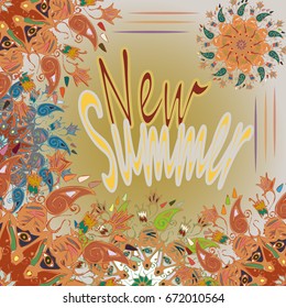 New summer - zentangle inspired art vintage card design with doodle in bright colors