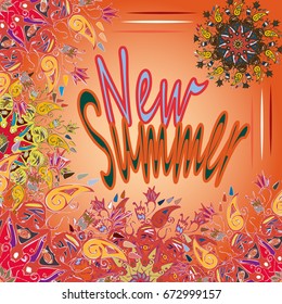 New summer - zentangle inspired art vintage card design with doodle in bright colors